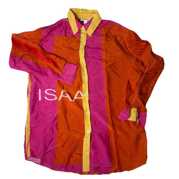 Isaac Mizrahi Women’s S 100% Silk Pink Colorblock Button Up Long Sleeve Blouse - Picture 1 of 7